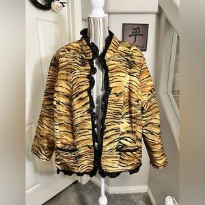 ALEX KIM vintage brown black tiger print ruffle open cardigan jacket plus 3X